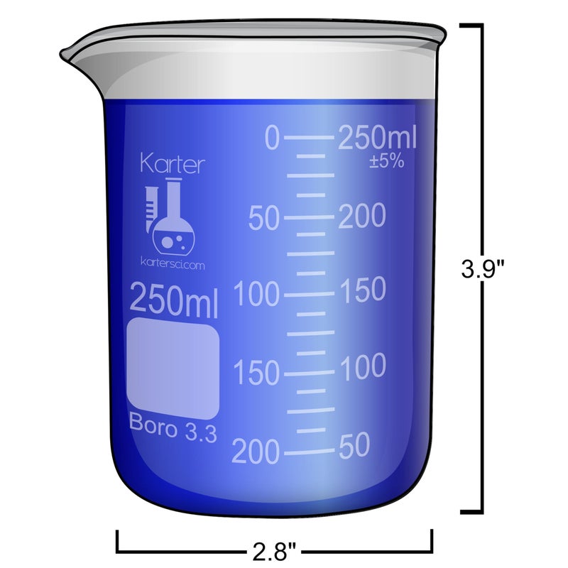 Karter Scientific 250ml Beaker, Low Form Griffin, Borosilicate 3.3 Glass, Double Scale, Graduated, Karter Scientific 213D25 (Pack of 12) - Image 2